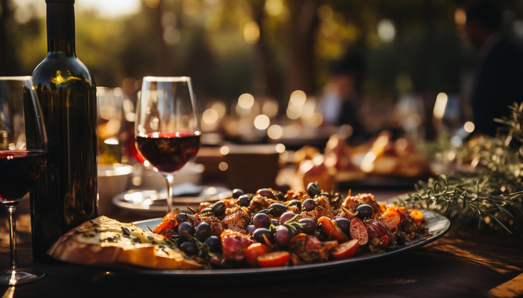 ai generado gastrónomo comida al aire libre, celebracion de vino, Fresco carne, sano comiendo generado por ai foto