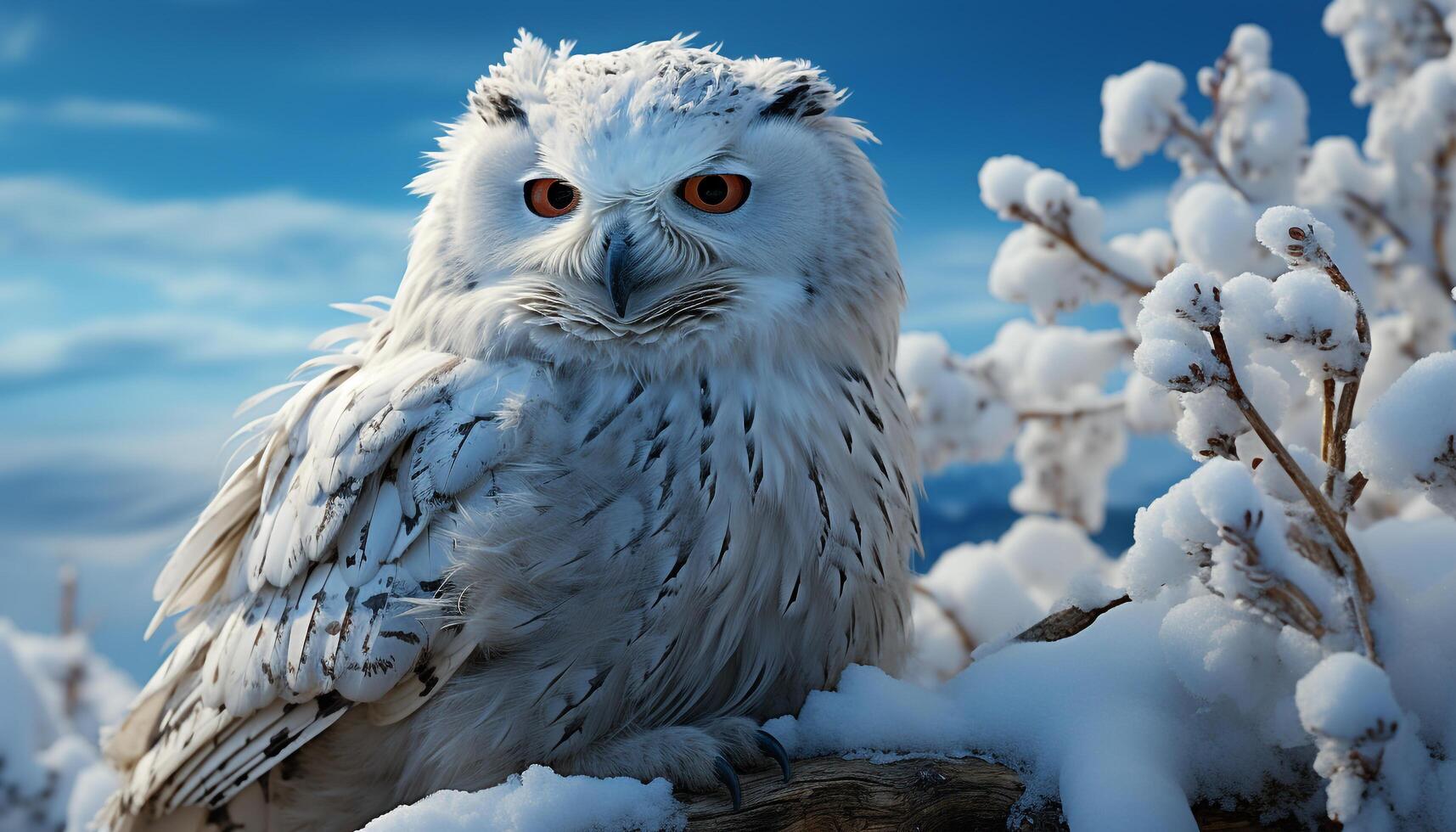 AI generated Snowy owl perching on branch, staring with wisdom and beauty generated by AI photo
