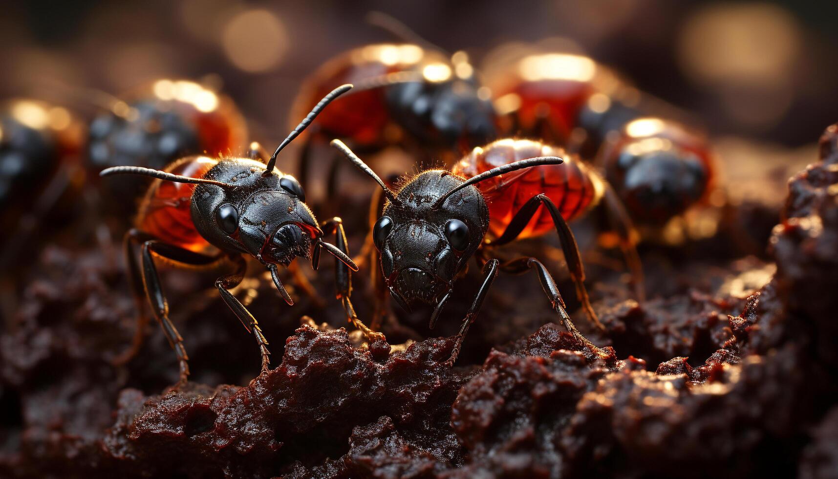 ai generado hormigas y abejas recoger alimento, trabajando juntos en naturaleza colonia generado por ai foto