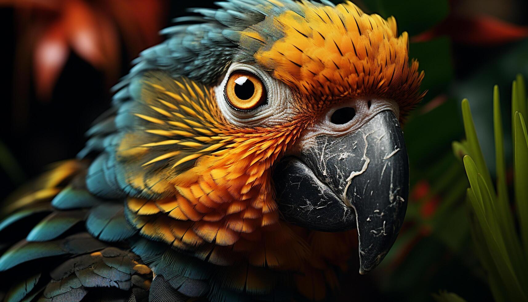 AI generated Cute macaw perching on branch, vibrant colors in nature generated by AI photo