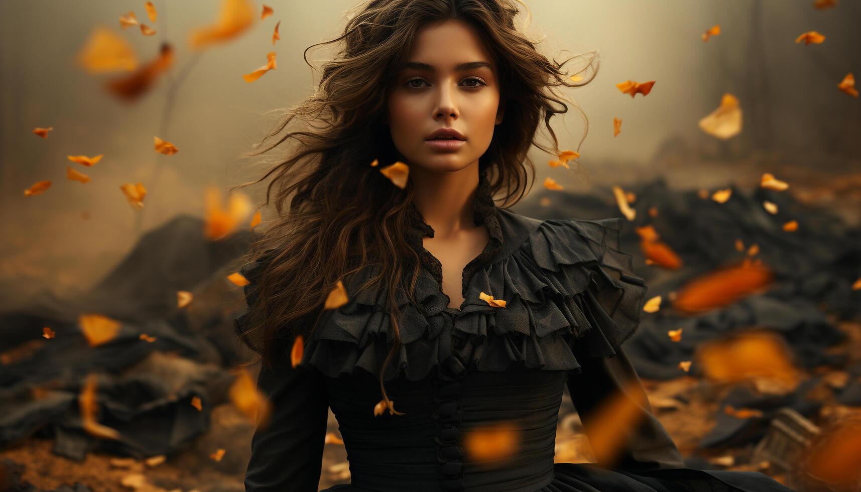 AI generated Young woman in autumn dress, looking at camera, outdoors, smiling generated by AI photo