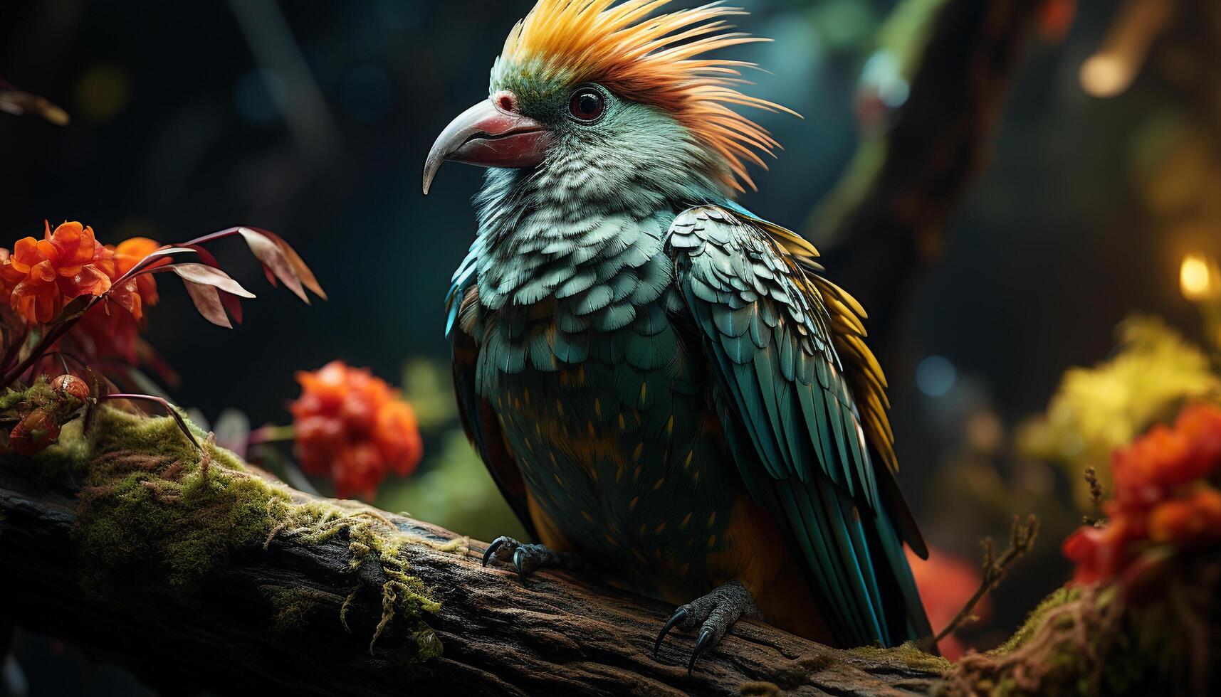 AI generated A vibrant macaw perches on a branch in the rainforest generated by AI photo