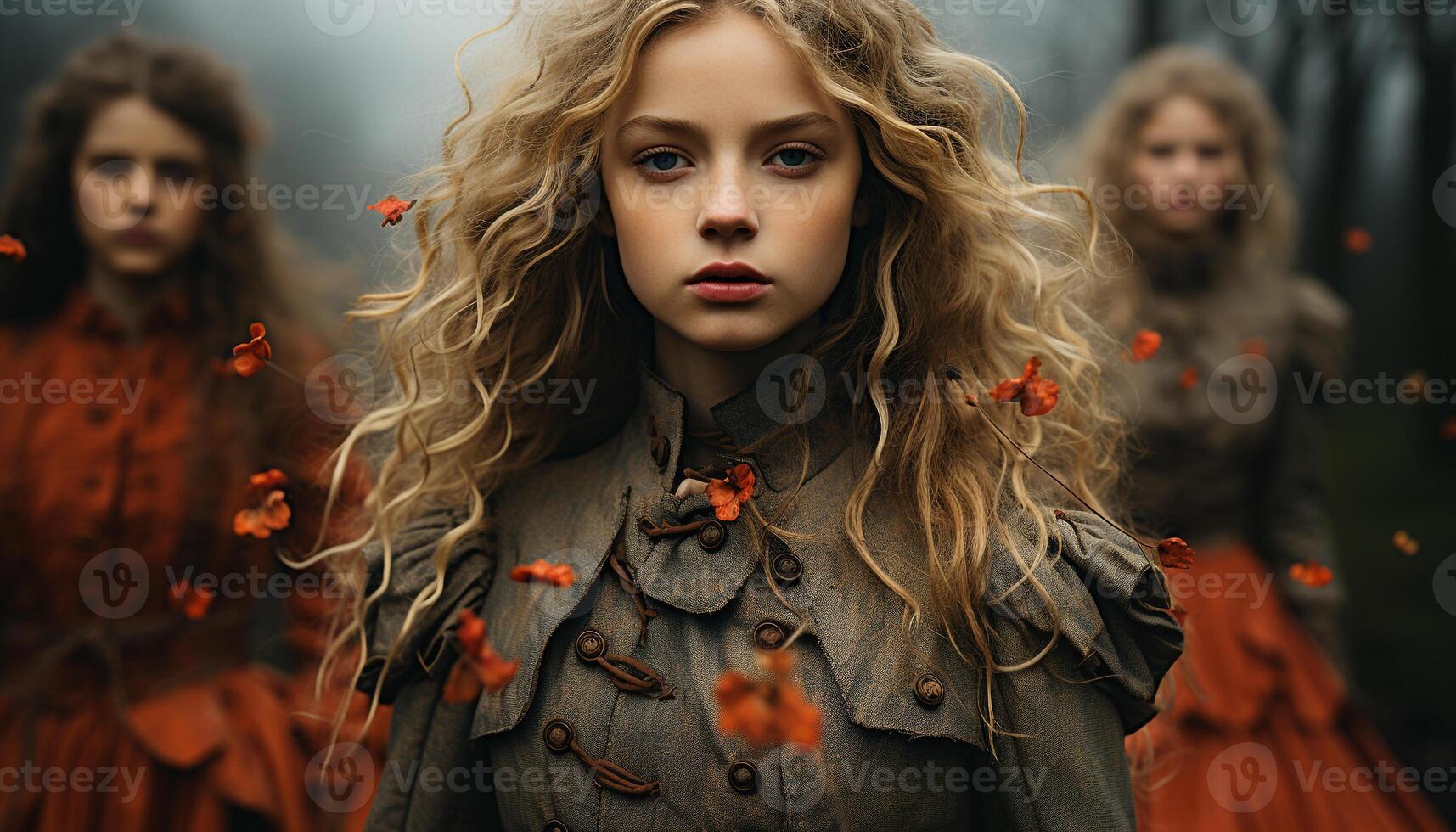 AI generated Two young women in autumn fashion, smiling and looking at camera generated by AI photo