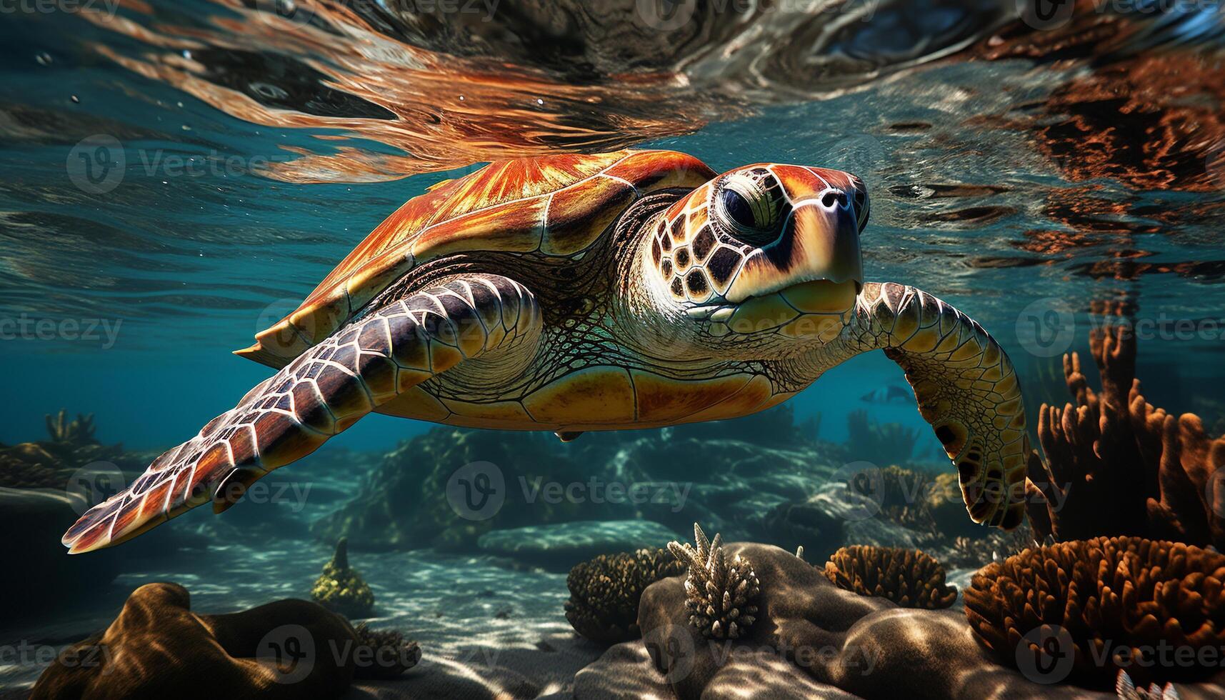 AI generated Large green sea turtle swimming in the colorful coral reef generated by AI photo