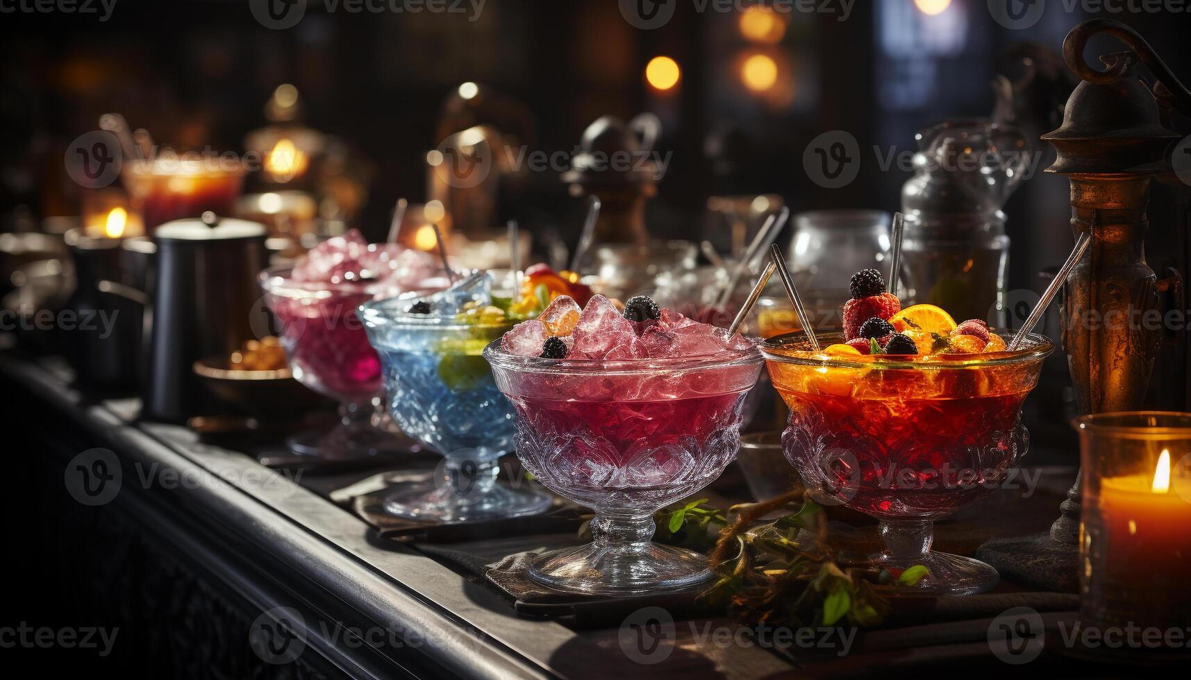 ai generado Club nocturno celebracion cóctel vaso, Fruta decoración, multi de colores martini, refrescante bebida generado por ai foto