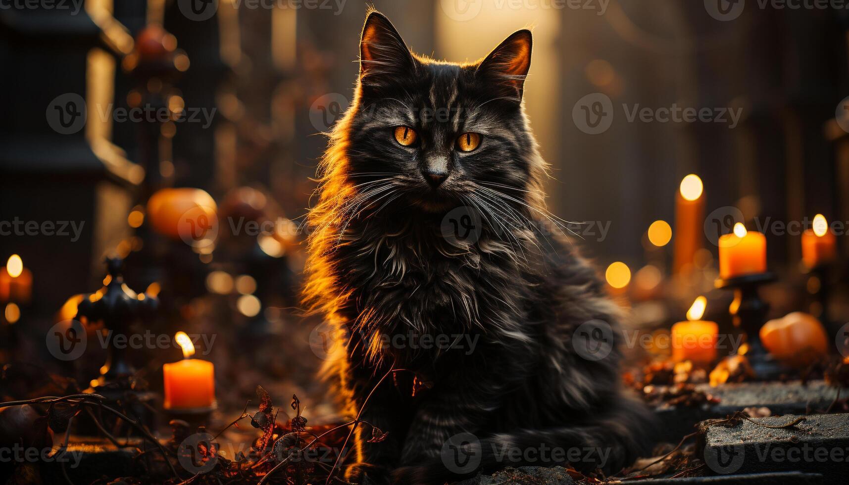 AI generated Cute kitten sitting by candle, celebrating Halloween night with nature generated by AI photo