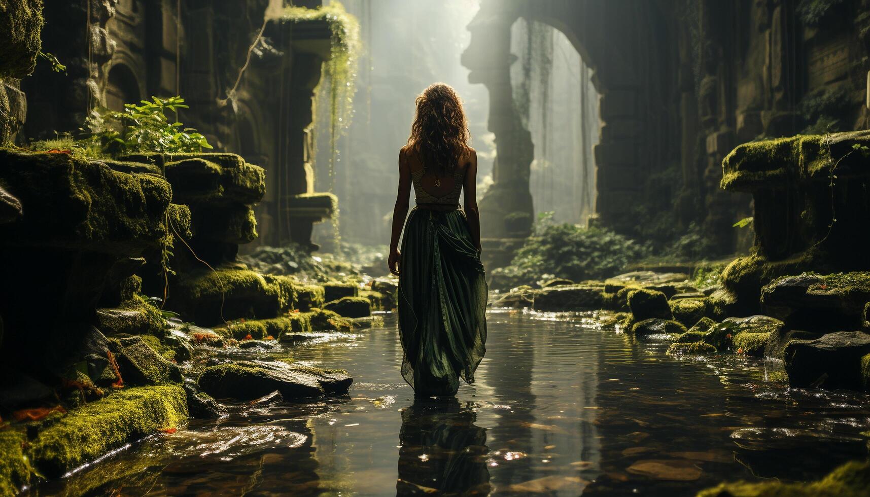 AI generated Young woman walking in a mysterious forest, reflecting on spirituality generated by AI photo