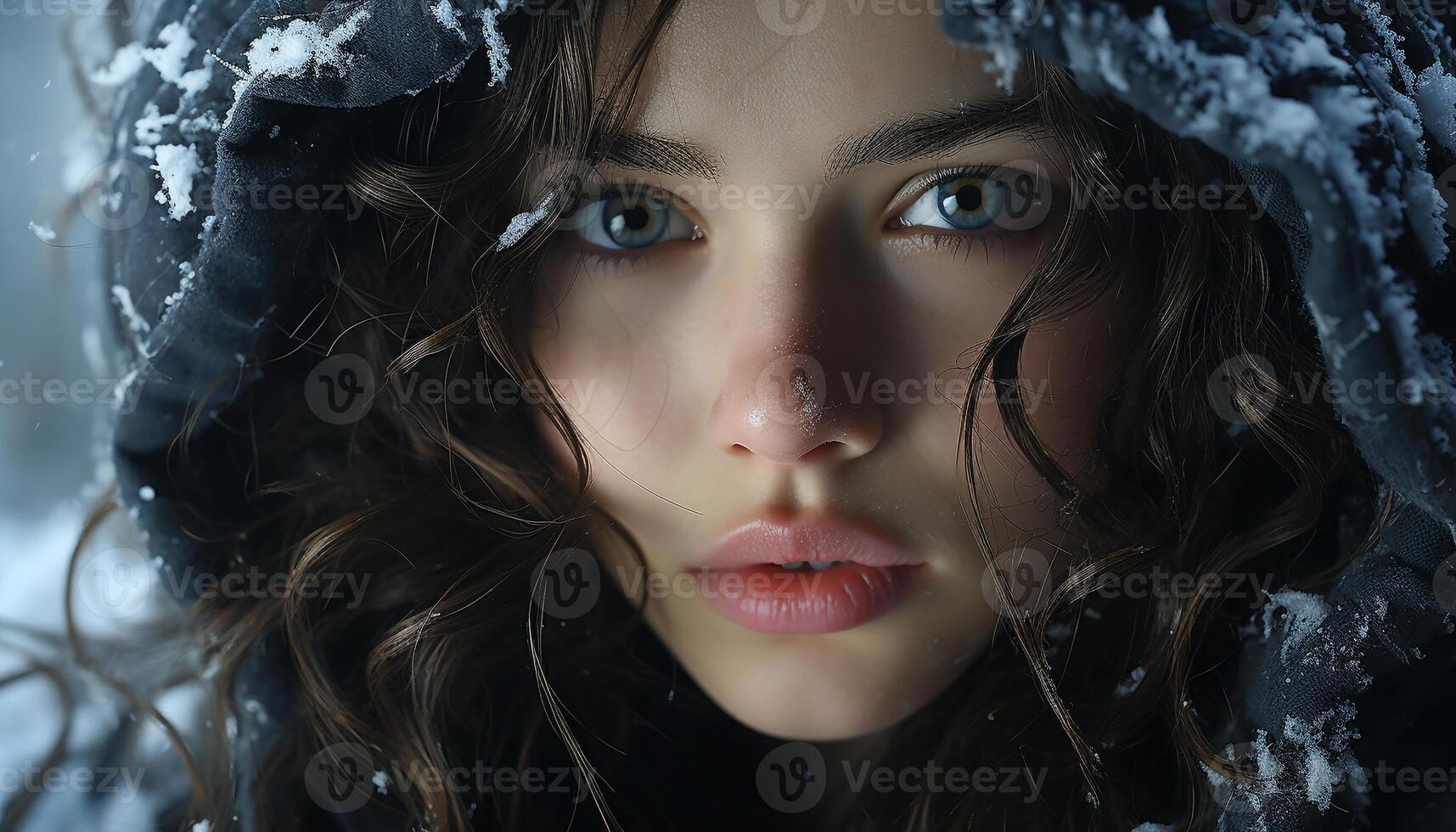 AI generated A beautiful young woman, wet hair, looking at camera outdoors generated by AI photo