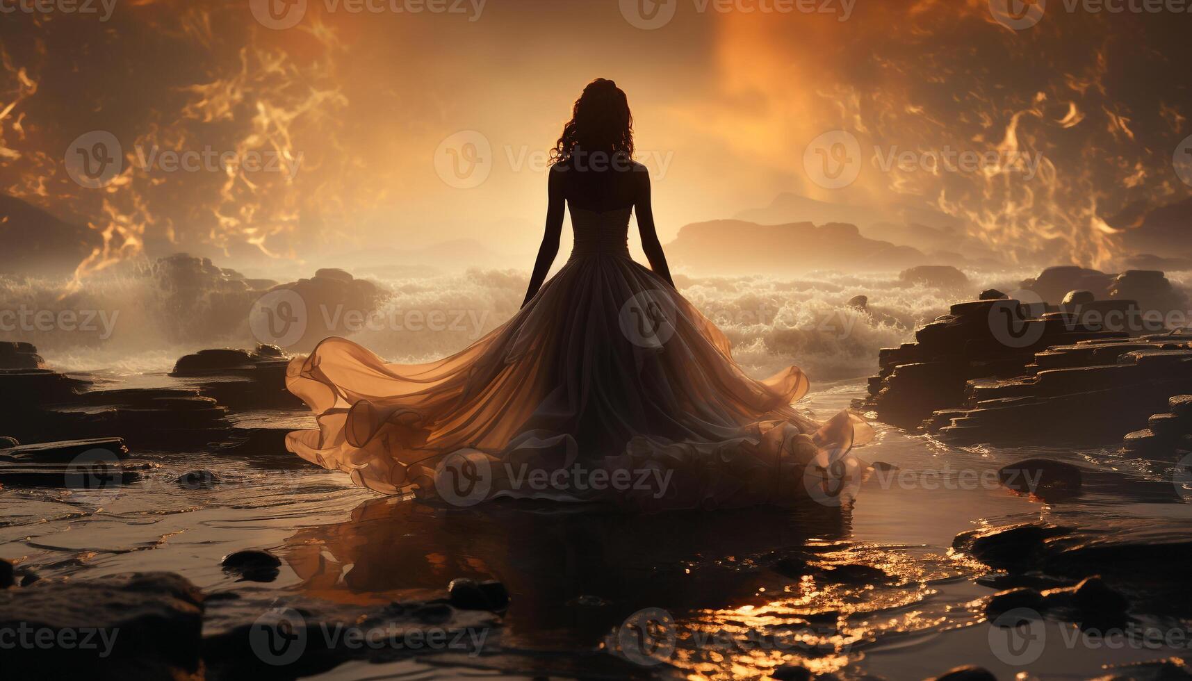 AI generated A beautiful bride dances in the sunset, radiating love and happiness generated by AI photo