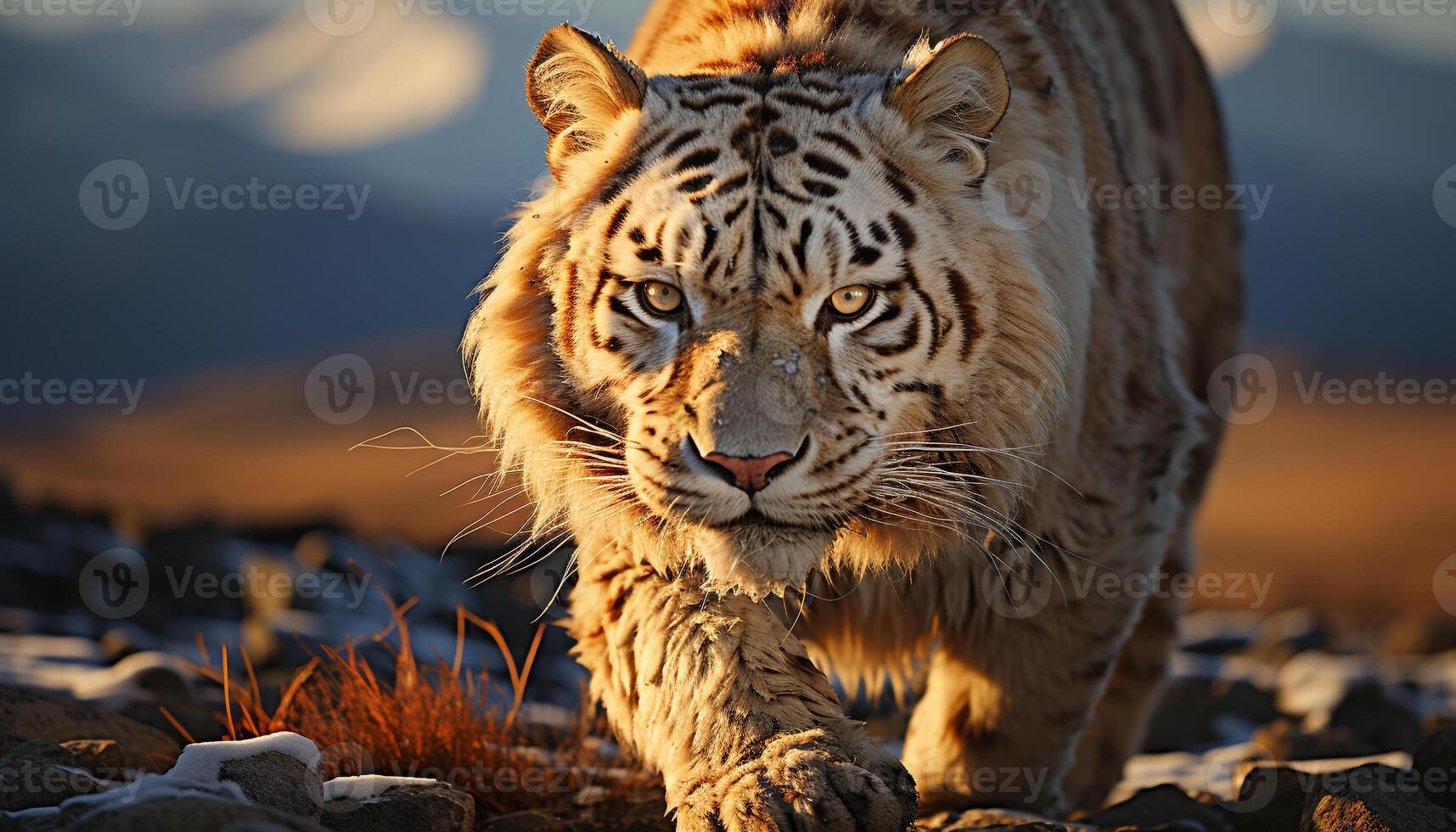 AI generated Majestic Bengal tiger walking in snow, staring at camera generated by AI photo