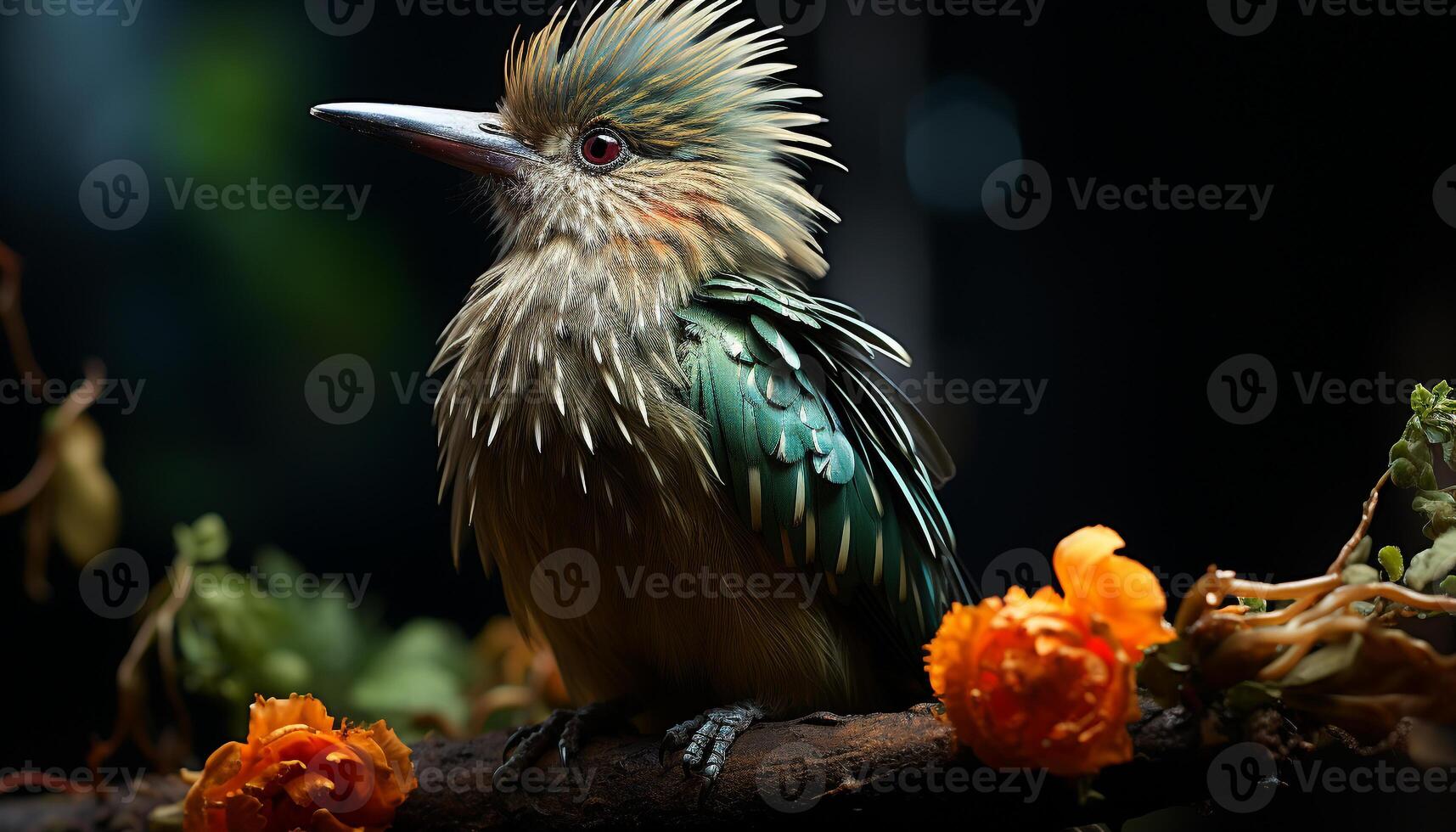 AI generated A cute bird perching on a branch, surrounded by nature generated by AI photo