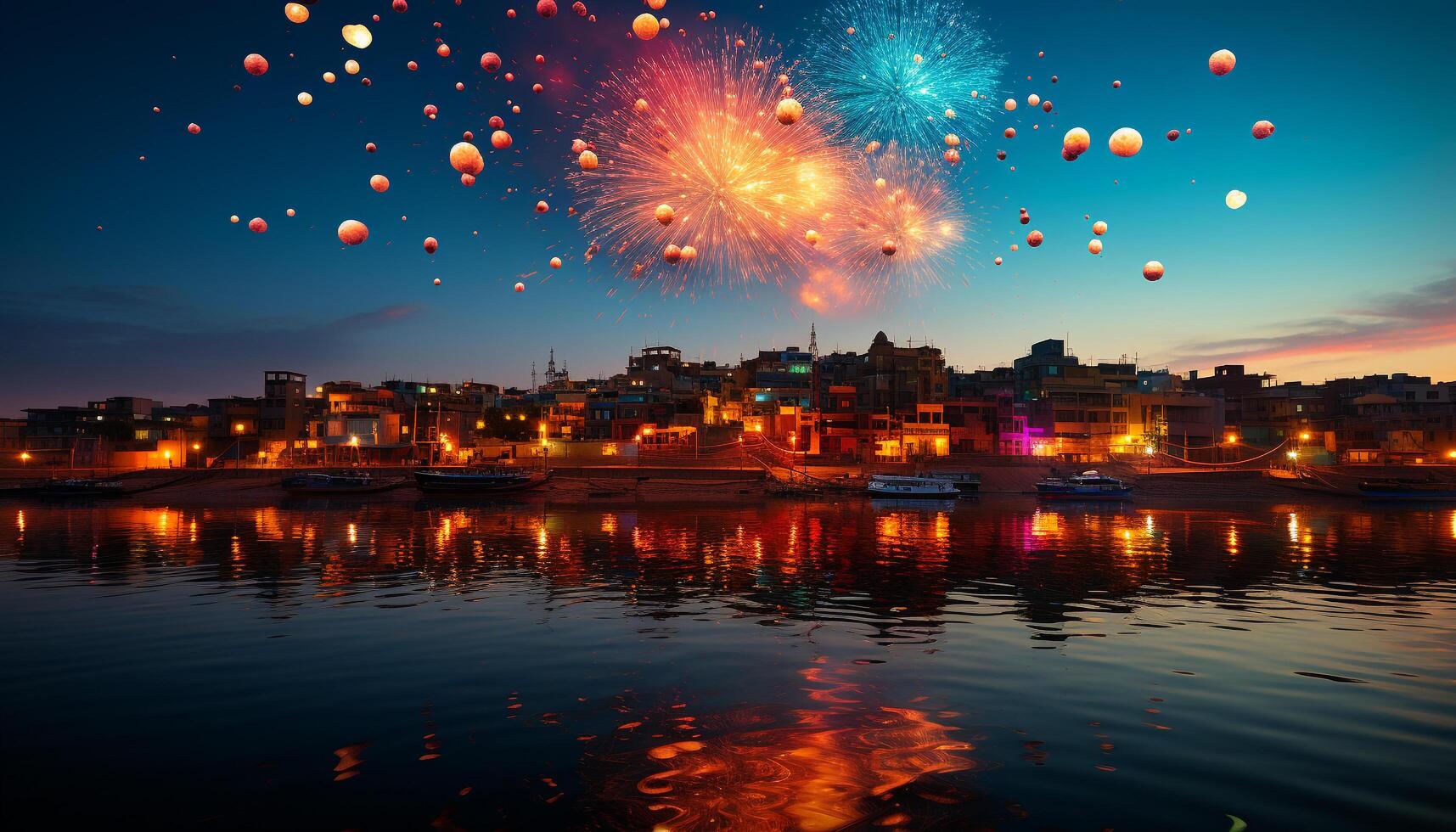 ai generado vibrante ciudad horizonte iluminado por multi de colores fuegos artificiales a noche generado por ai foto