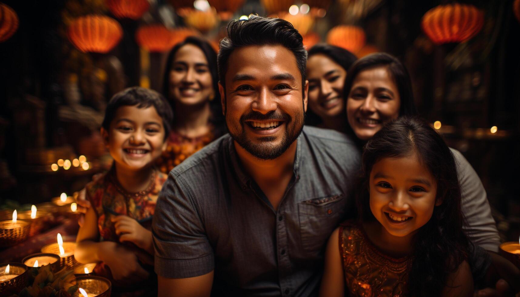 ai generado un contento familia disfrutando un festivo noche, sonriente juntos generado por ai foto