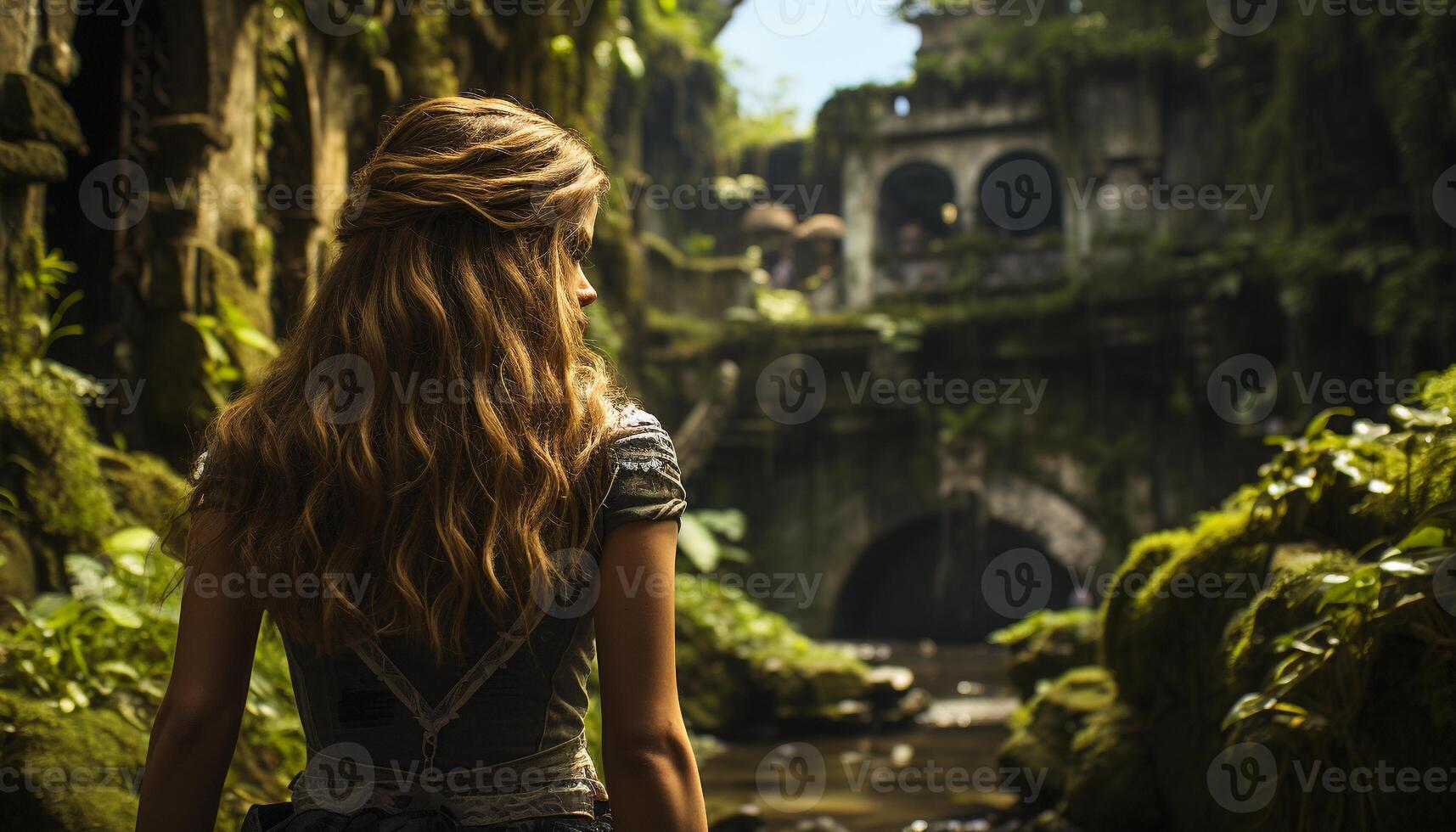 AI generated Young women photographing ancient ruins in a tranquil forest generated by AI photo