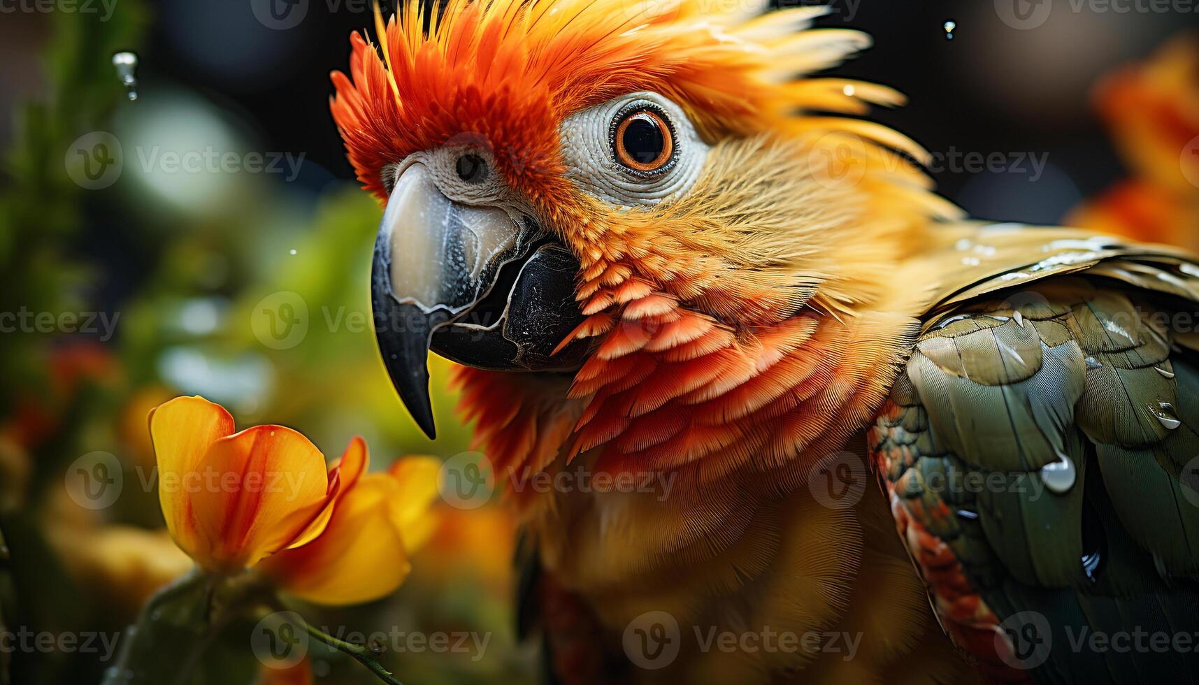 AI generated Vibrant macaw perched on branch, showcasing natural beauty generated by AI photo