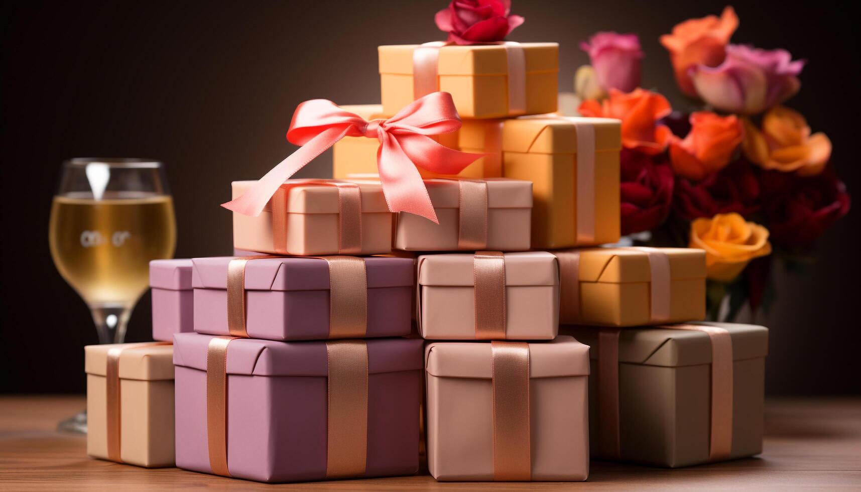 AI generated A stack of wrapped gift boxes, a celebration of love generated by AI photo