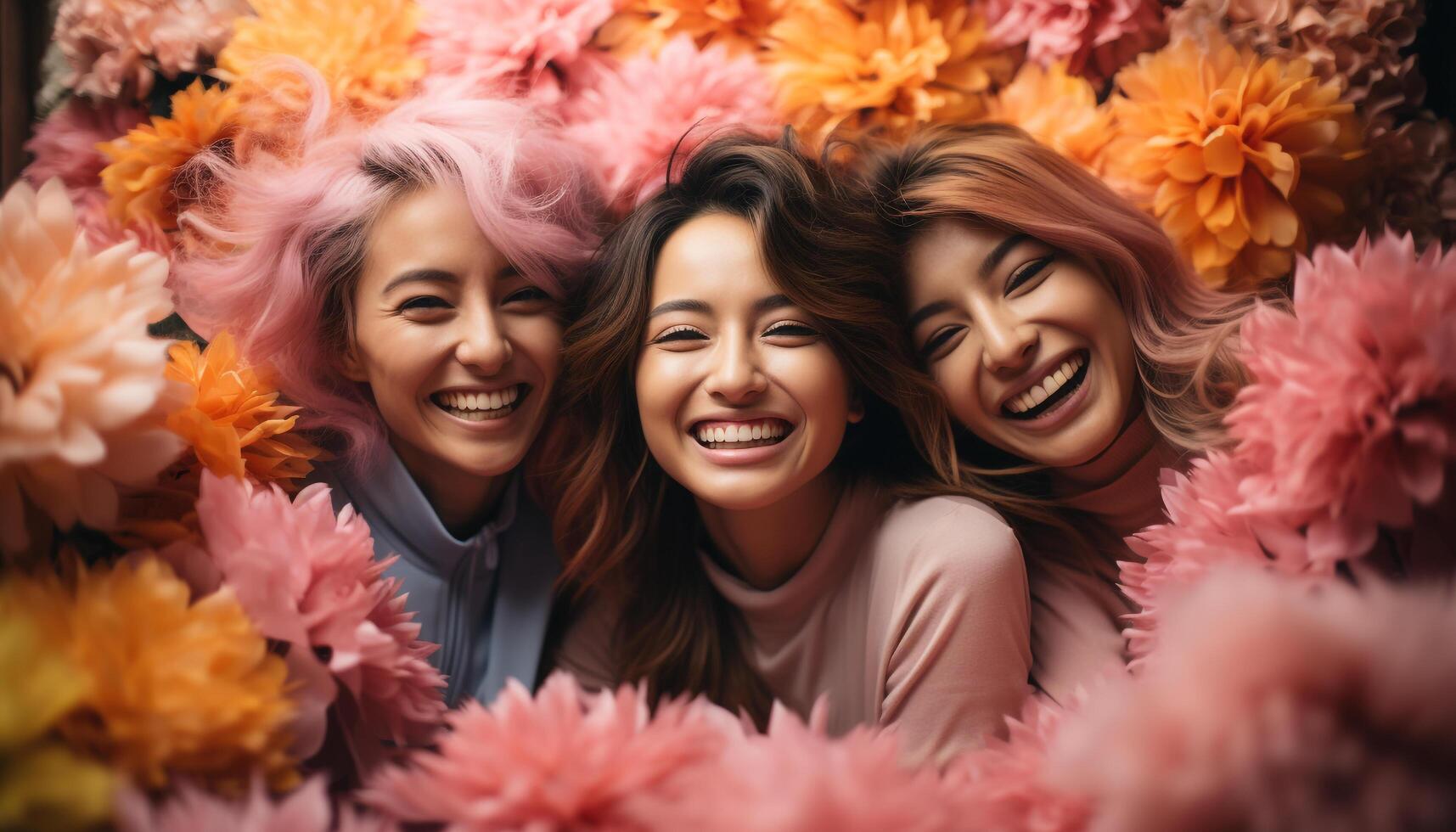 AI generated Three young women laughing, enjoying nature, looking at camera generated by AI photo