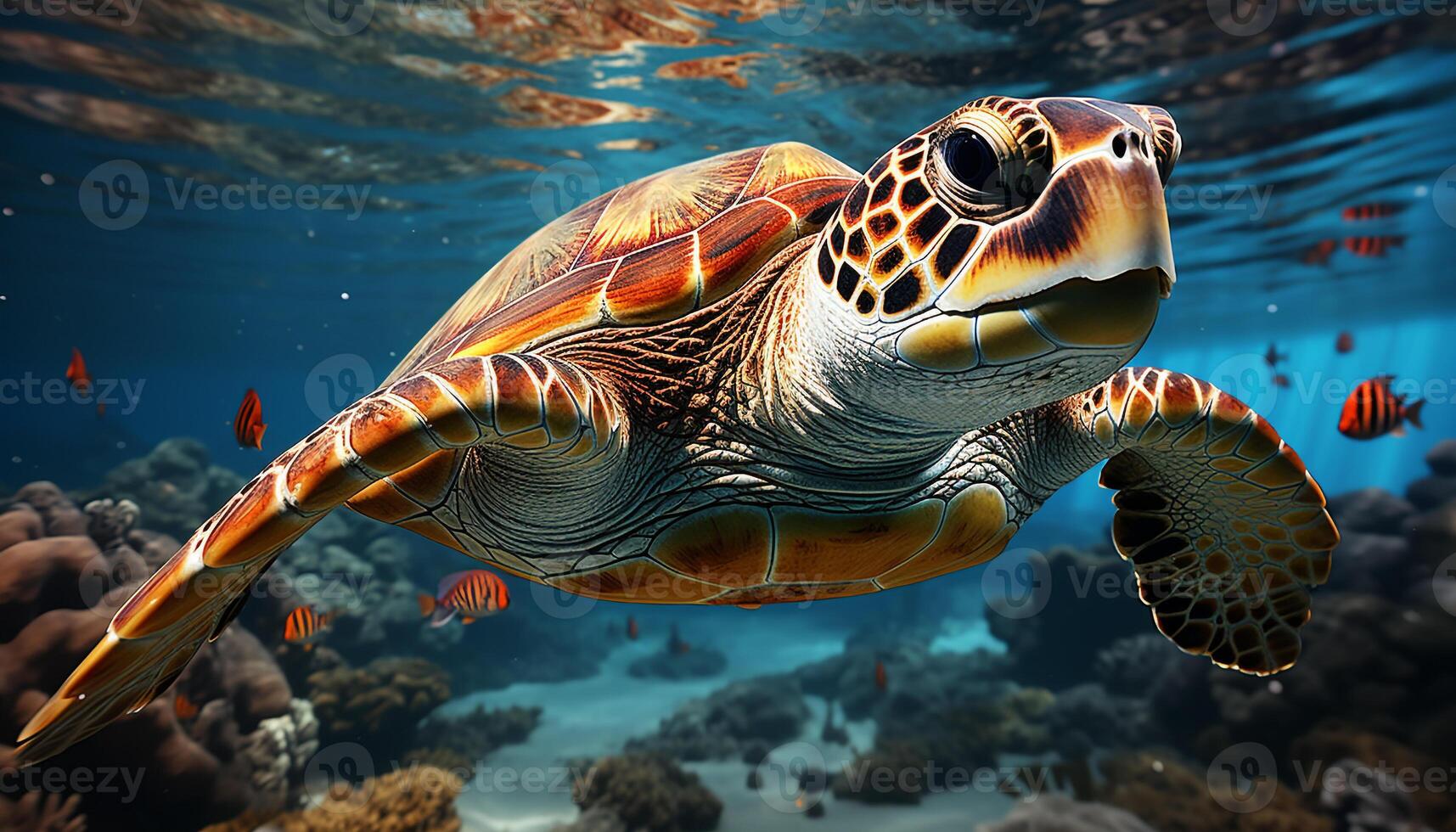 AI generated A large sea turtle swimming in the underwater reef generated by AI photo