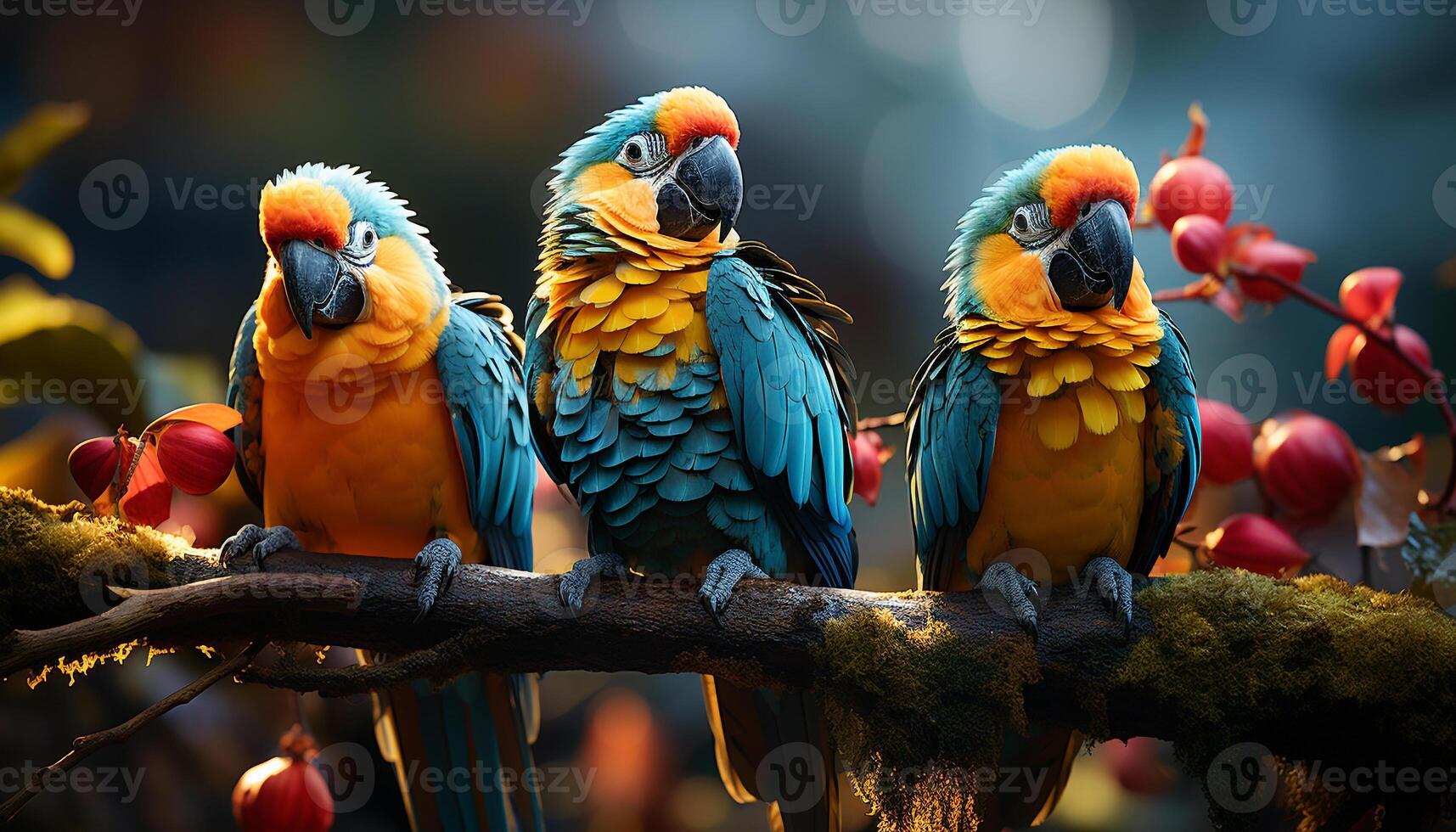AI generated Multi colored macaw perching on branch in tropical rainforest generated by AI photo