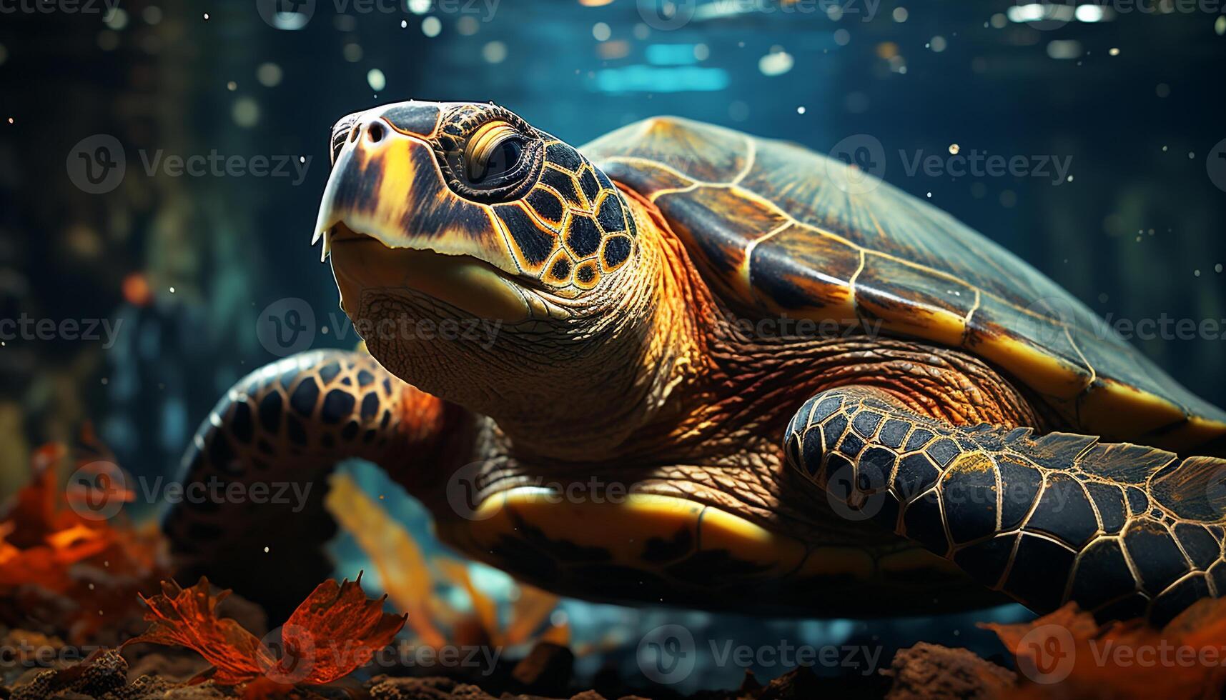 AI generated A cute turtle swimming in the blue underwater beauty generated by AI photo