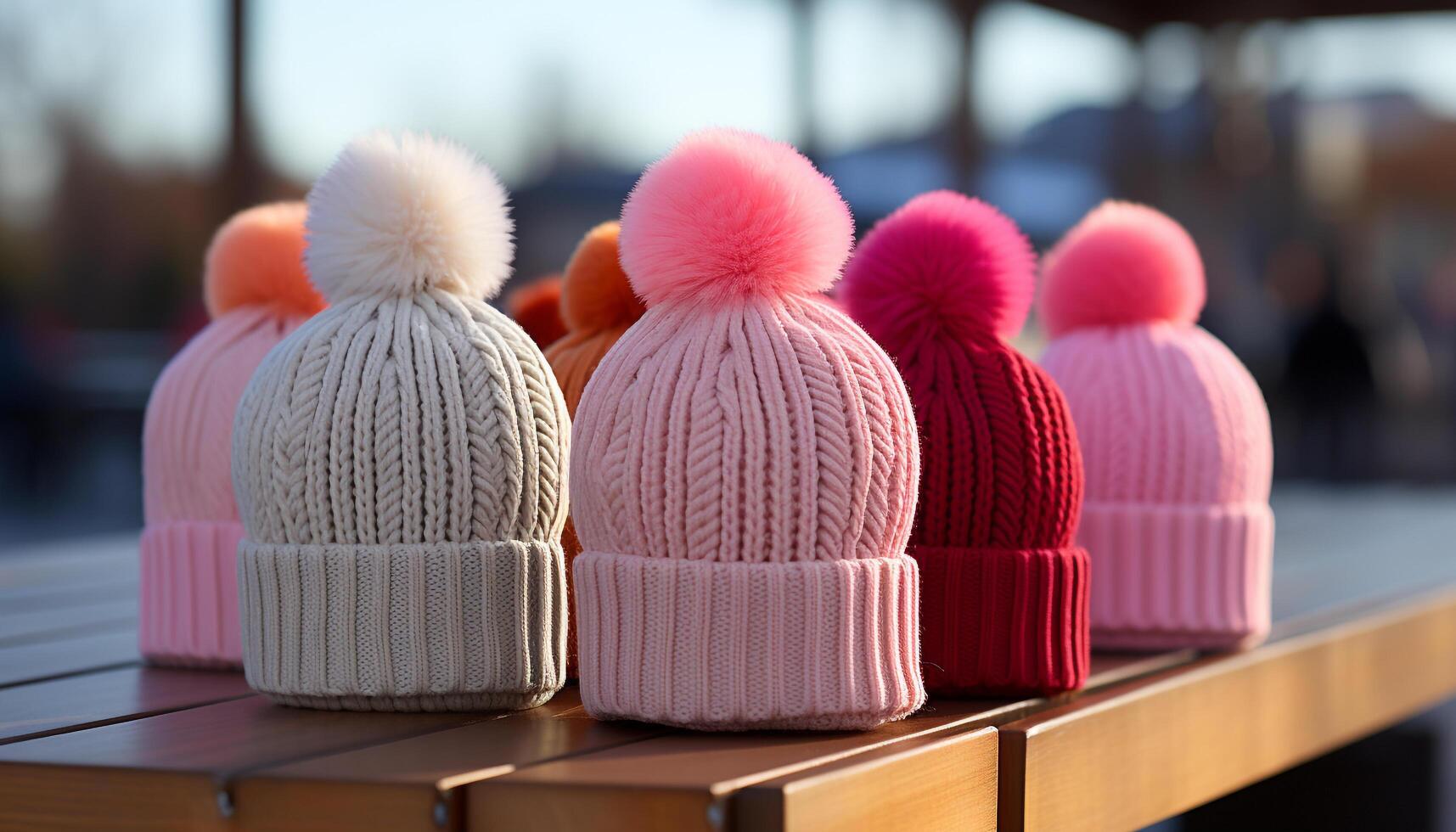 AI generated Warm winter fashion wool cap in pink, knit hat collection generated by AI photo