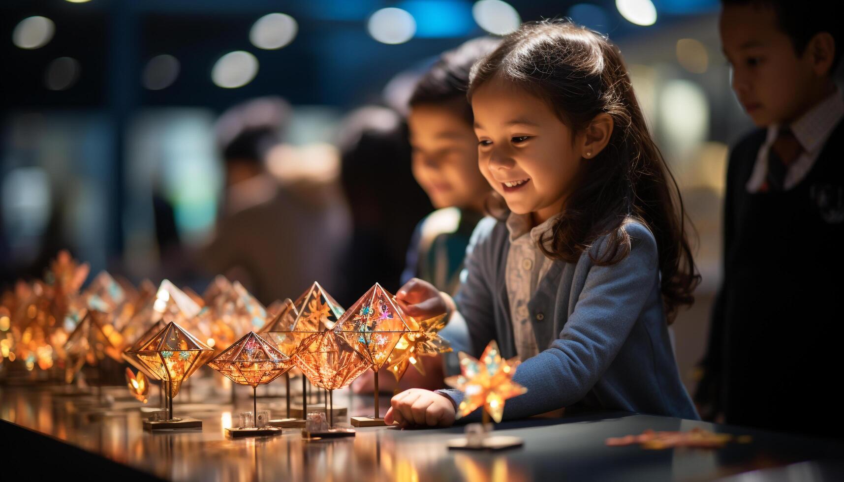 ai generado niños disfrutando Navidad celebracion adentro, sentado a mesa, sonriente felizmente generado por ai foto