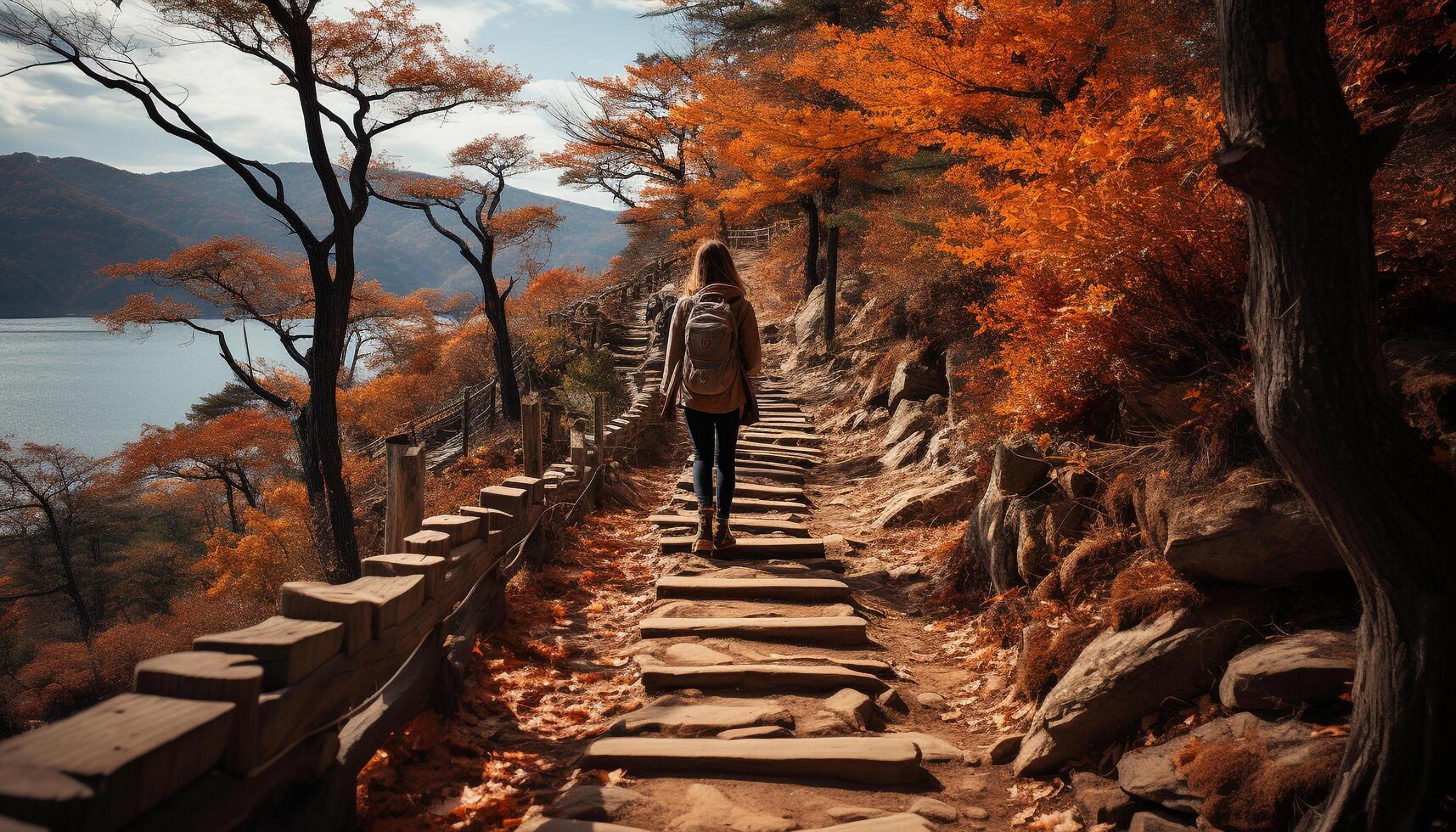 AI generated One person hiking in the autumn forest, enjoying nature generated by AI photo