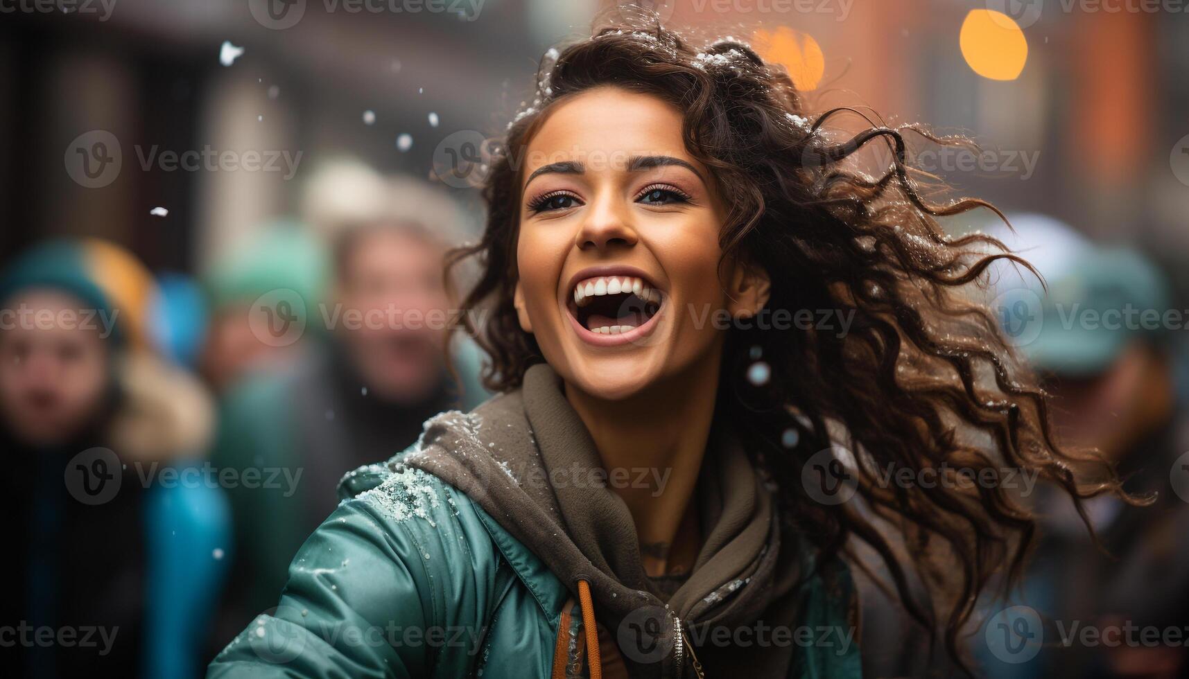 AI generated Young woman walking in the rain, smiling with confidence generated by AI photo