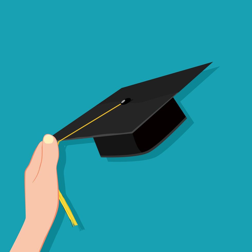 Hold a graduation cap in hand. Learning vector