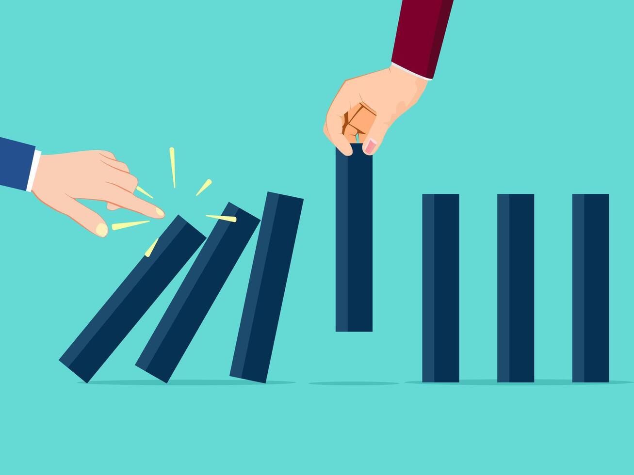 Businessman hands stop domino effect vector