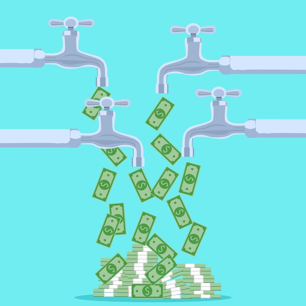 Banknotes flowed out of the tap. The concept of getting paid in multiple ways vector