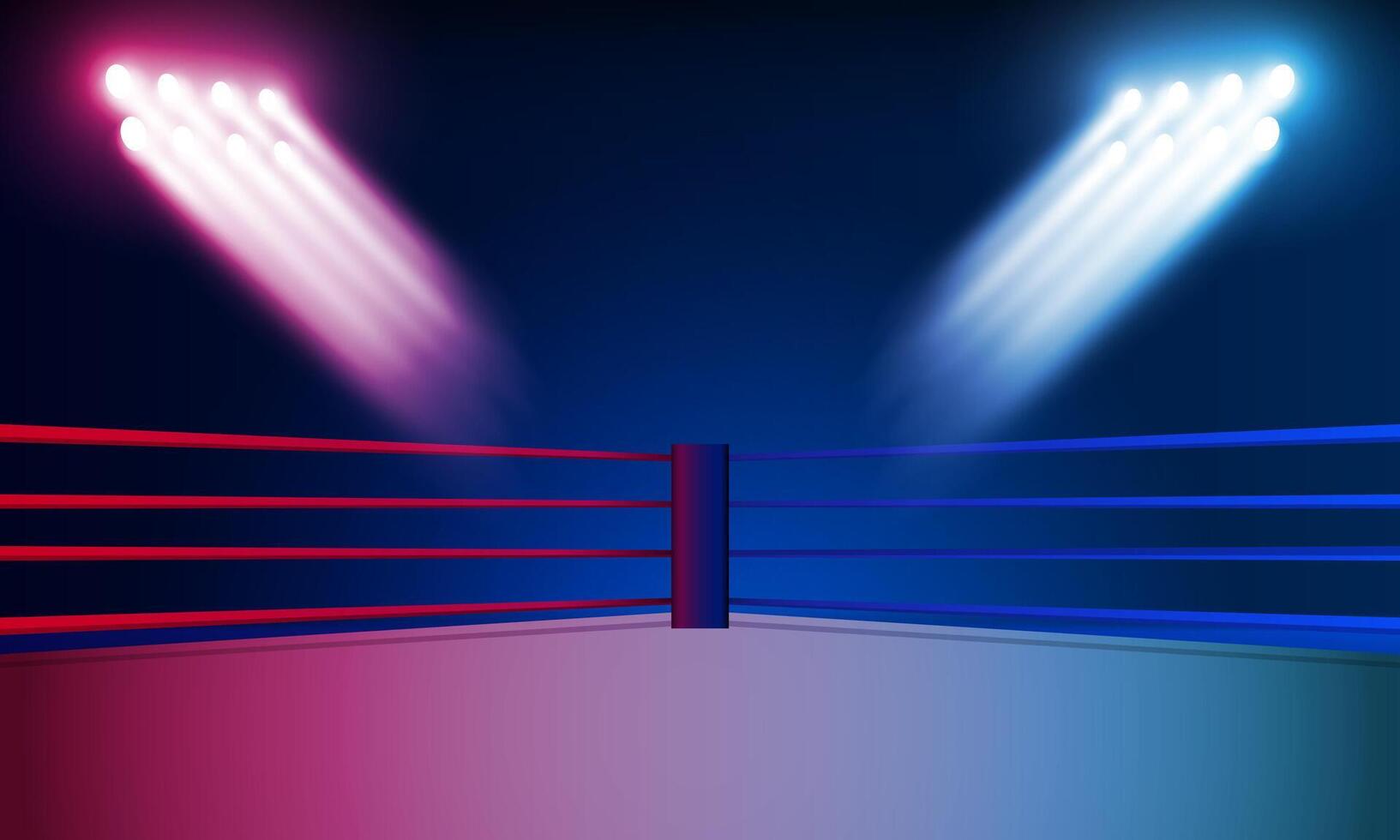 Boxing ring arena and floodlights vector design Bright stadium arena lights red blue. Vector illumination