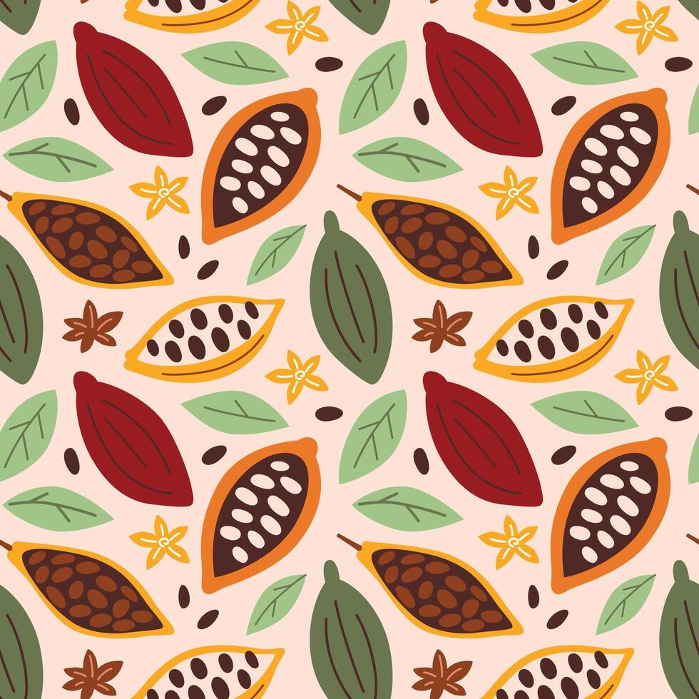 Cocoa fruits and leaves, cocoa beans pattern vector