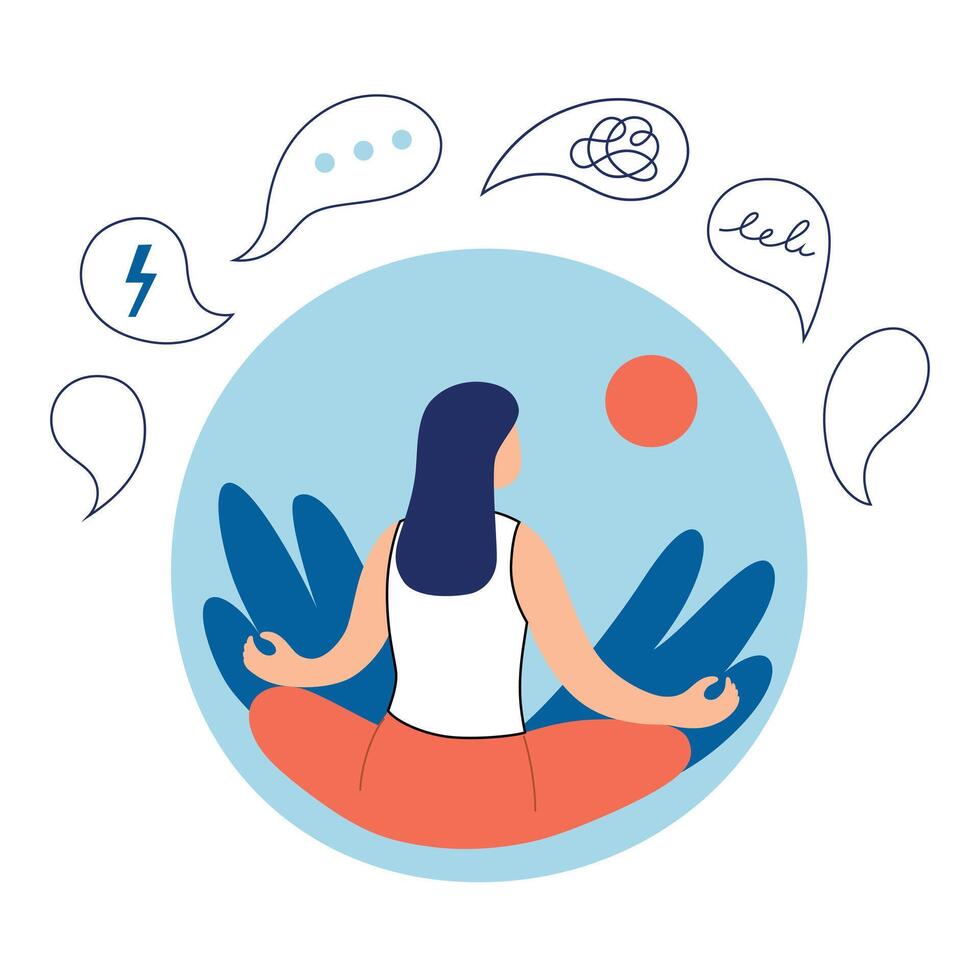 Woman meditating, meditation practice illustration vector