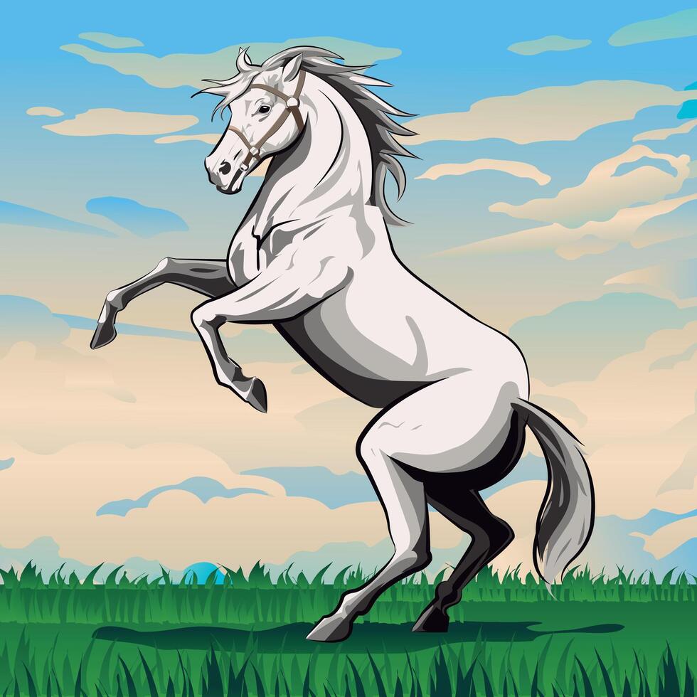 Vector illustration of a white horse running in the field against the sky. horse on two legs.