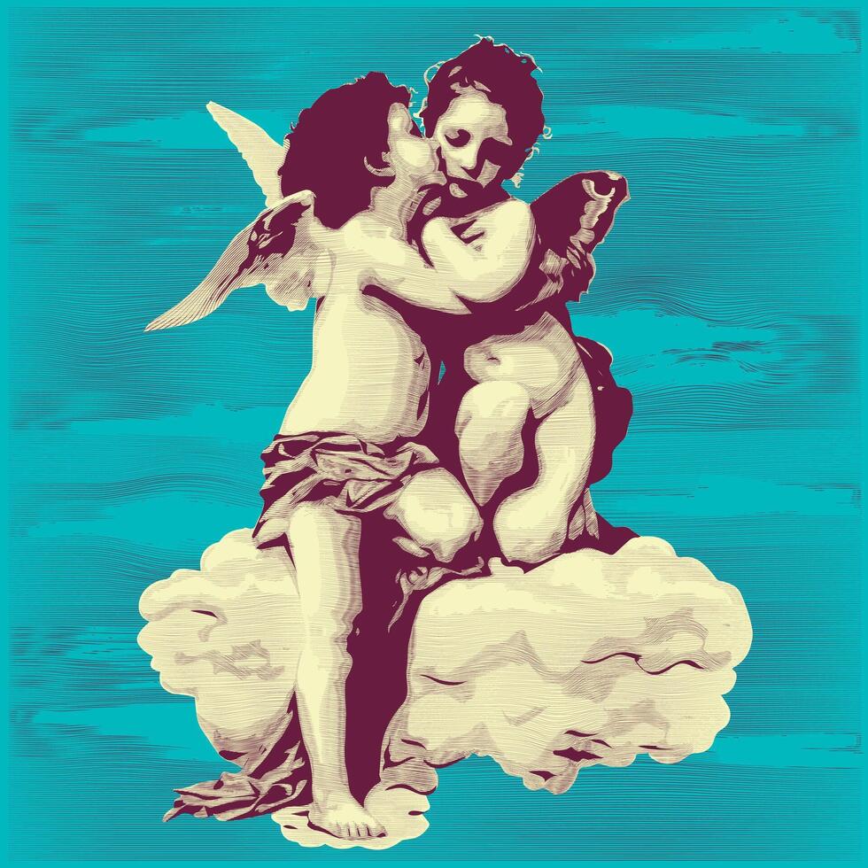 Beso de Cupido. Cupido y ángel. vector ilustración de un niños beso, grabado textura, Clásico estilo