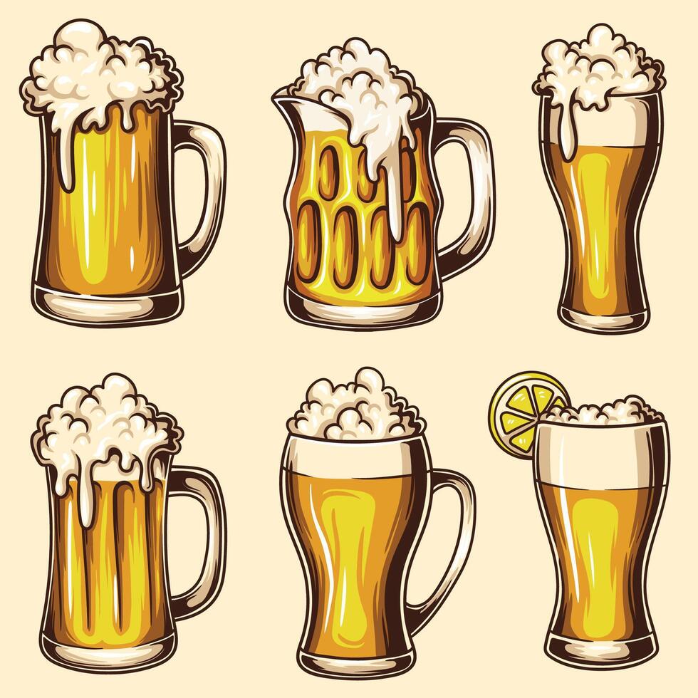 Glass lager beer set collection vector illustration