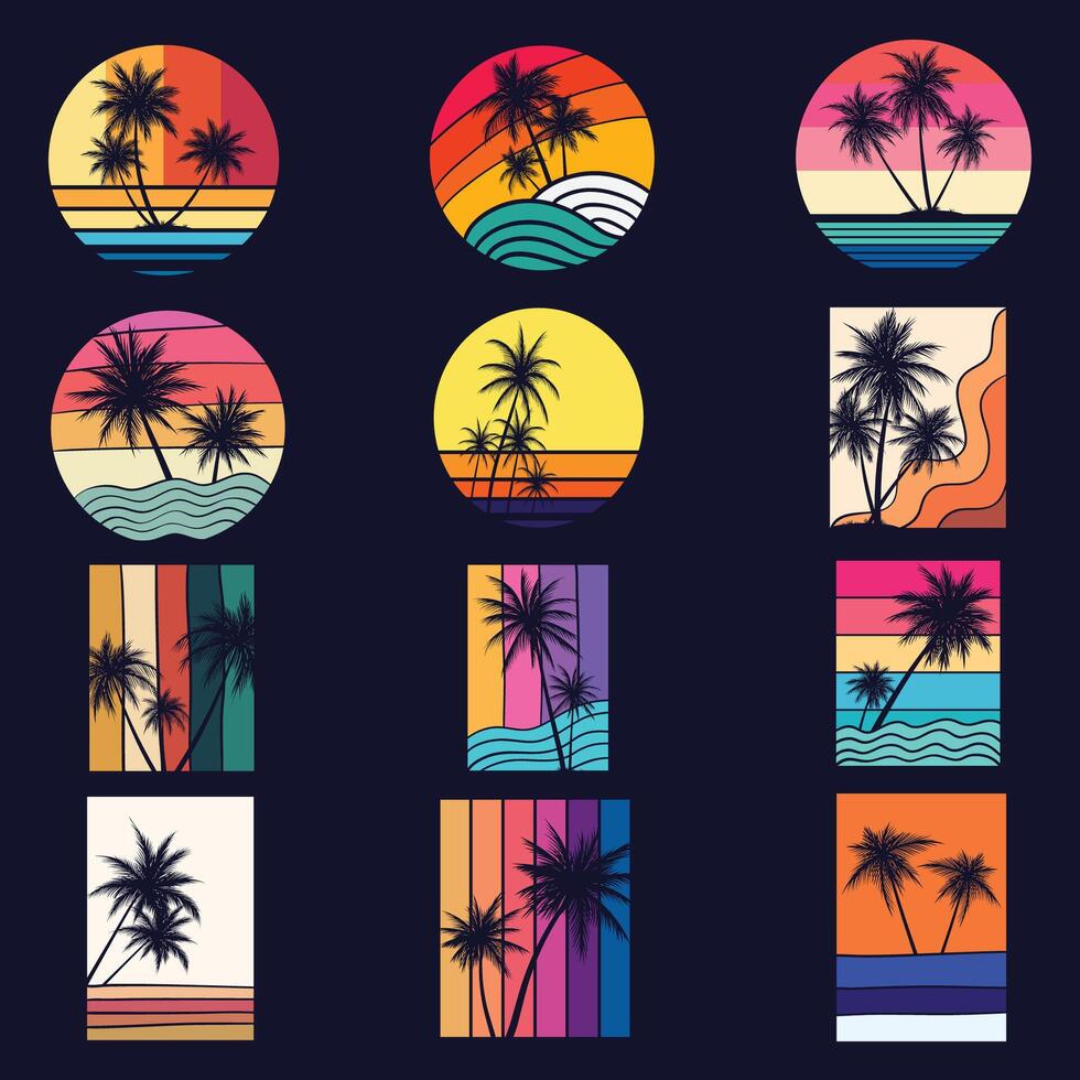 Clásico retro palma árbol silueta conjunto colección vector