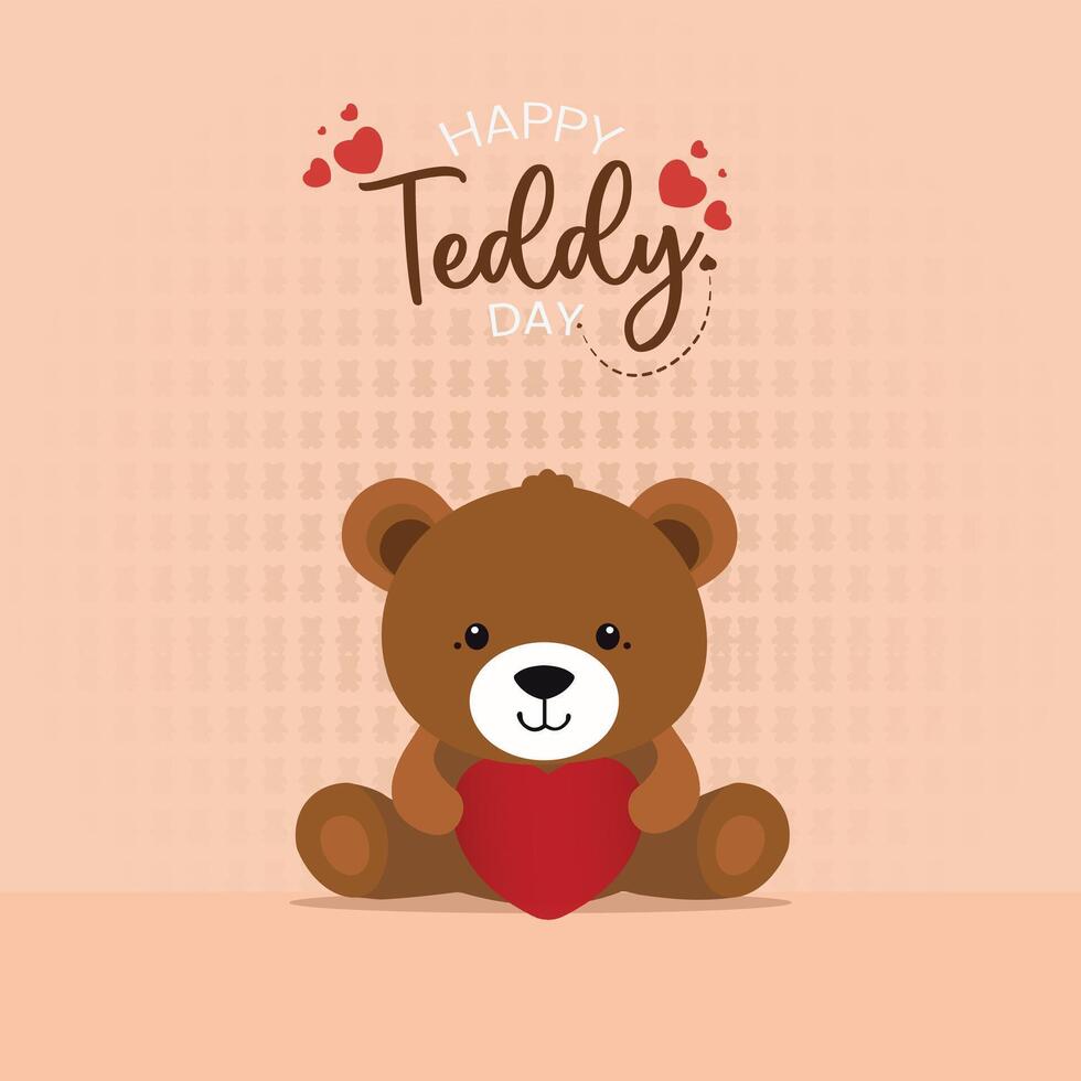 Happy Teddy Day with cute heart background and cute teddy bear holding heart free vector