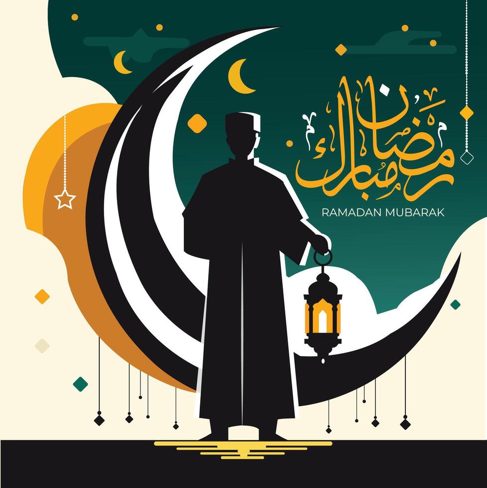 Ramadán Mubarak con Arábica caligrafía personaje con colgando un linterna en mano vector gratis diseño