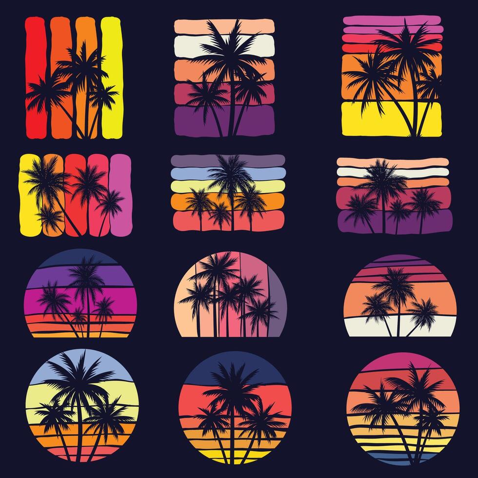 Vintage retro palm tree silhouette set collection vector
