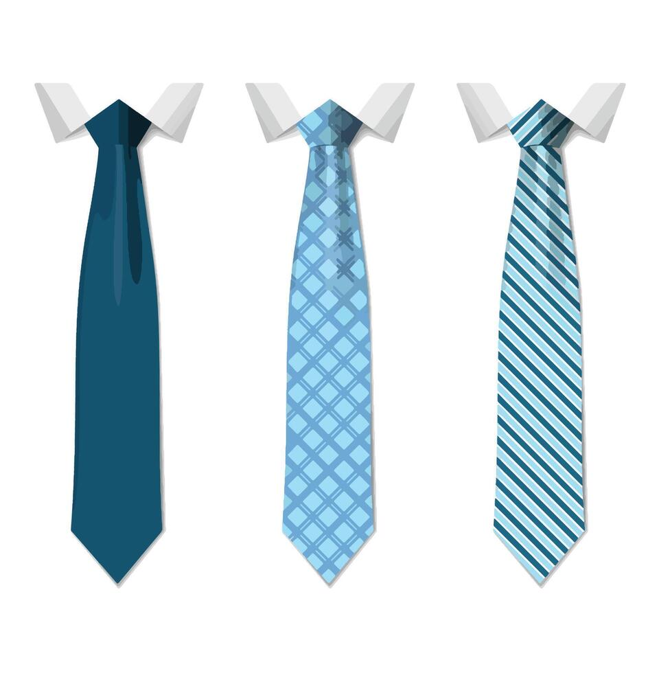 Set different blue ties isolated on white background. Colored tie for men. vector