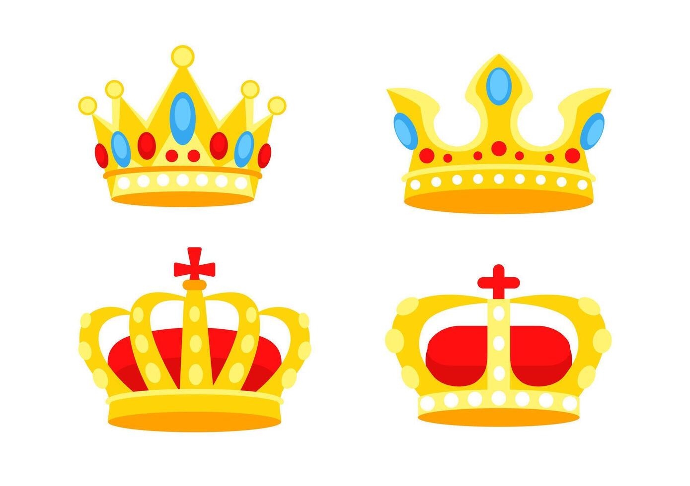 Gold crown. Crowning headdress for king and queen. Golden royal jewelry. Vector illustration