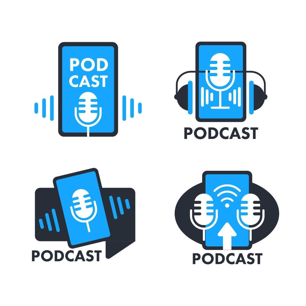 Podcast icon, logo. Studio table microphone with broadcast. Radio show