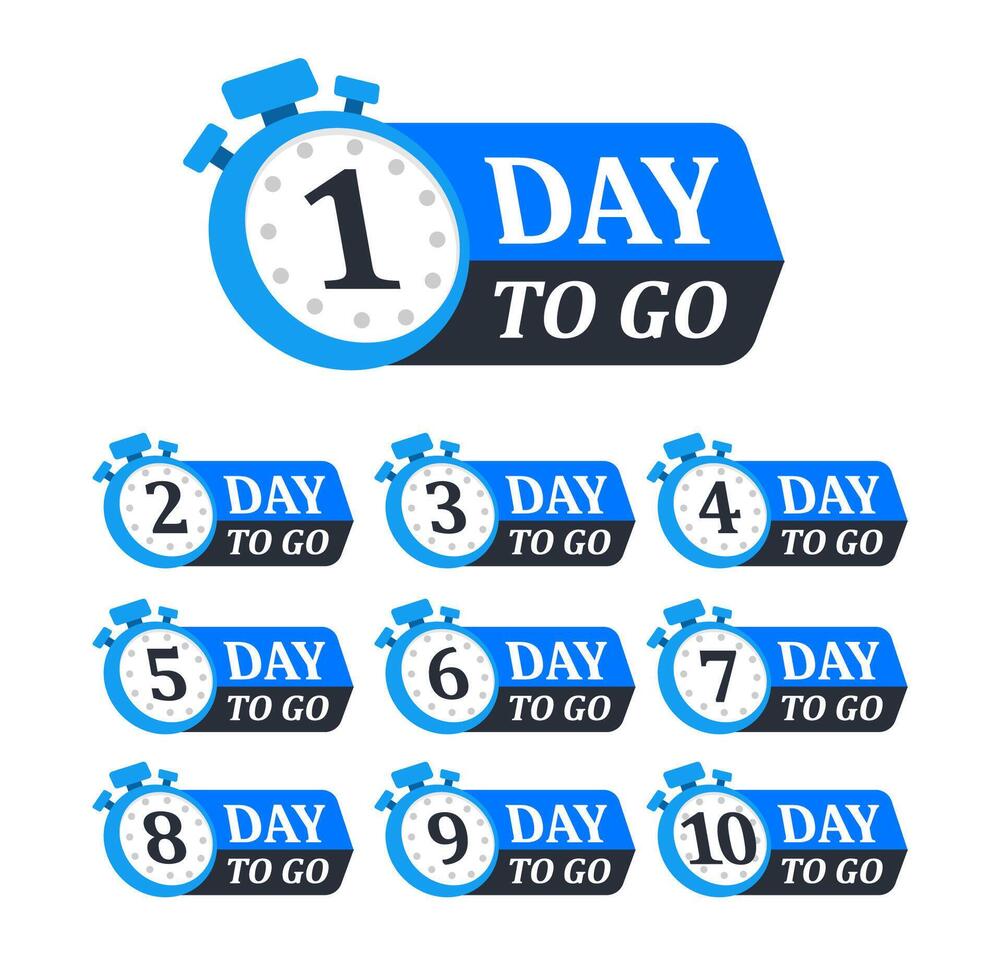Collection of countdown badges showing numbers 1 to 10 days left, styled with stopwatch icons vector