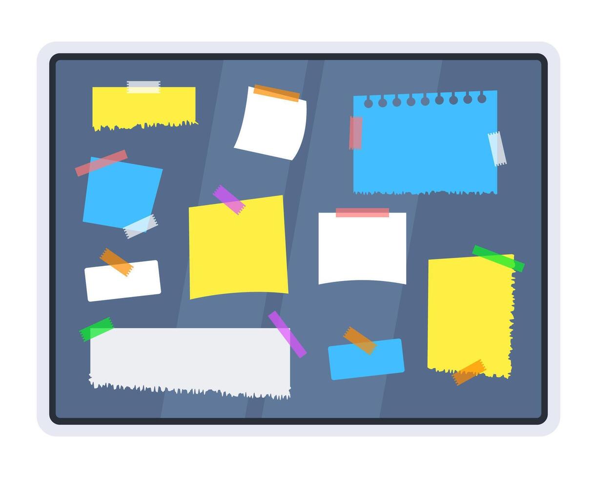 Flat design of a bulletin board with various colorful sticky notes and torn paper pieces vector