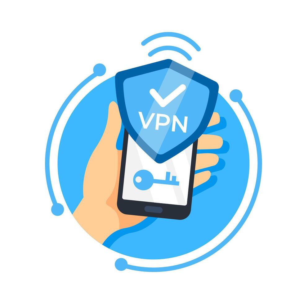 mano participación un teléfono inteligente con un proteger icono representando un vpn conexión para seguro Internet acceso vector