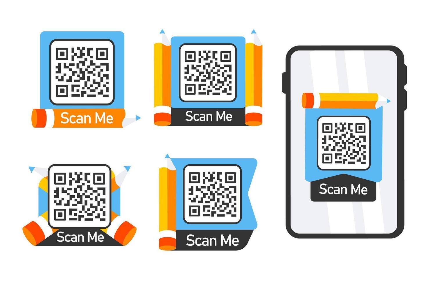 Set of QR code stickers flanked by pencils, with Scan Me text, designed for interactive engagement vector
