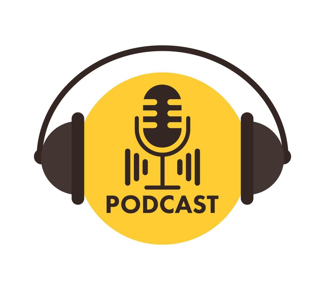 Podcast icon, logo. Studio table microphone with broadcast. Radio show. Audio blog. Vector illustration