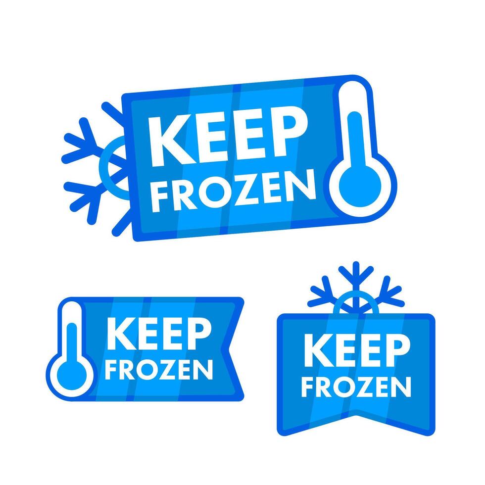 Set of blue Keep Frozen labels with snowflake and thermometer icons for frozen goods packaging vector